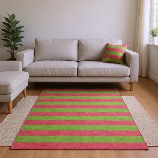 Blush And Green Striped Washable Area Rug With UV Protection Photo 2
