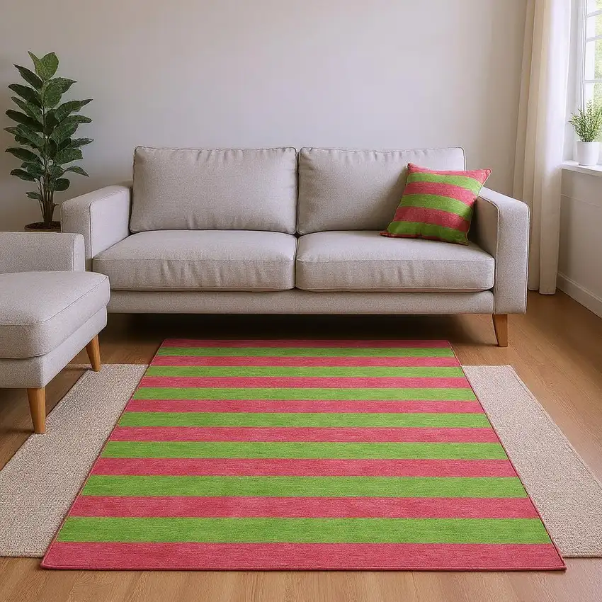 Blush And Green Striped Washable Area Rug With UV Protection Photo 2