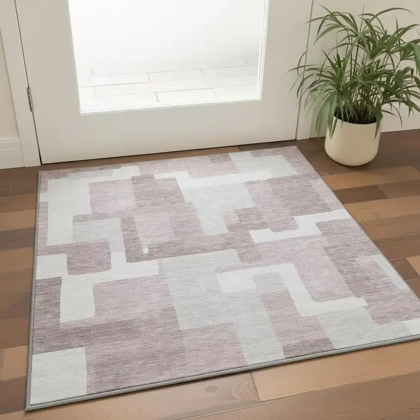 Blush And Ivory Abstract Geometric Washable Area Rug With UV Protection Photo 2