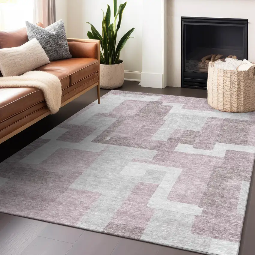 Blush And Ivory Abstract Geometric Washable Area Rug With UV Protection Photo 6