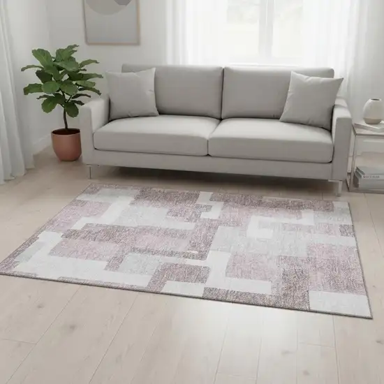 Blush And Ivory Abstract Geometric Washable Area Rug With UV Protection Photo 2