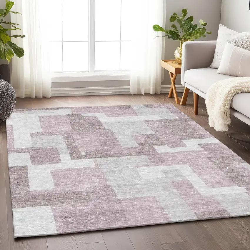 Blush And Ivory Abstract Geometric Washable Area Rug With UV Protection Photo 5