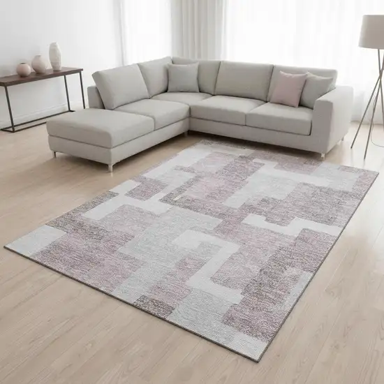Blush And Ivory Abstract Geometric Washable Area Rug With UV Protection Photo 2
