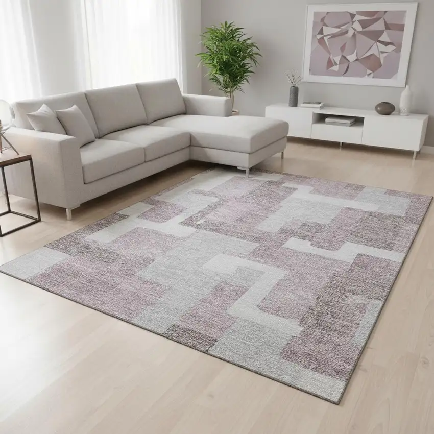 Blush And Ivory Abstract Geometric Washable Area Rug With UV Protection Photo 2