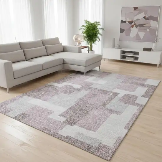 Blush And Ivory Abstract Geometric Washable Area Rug With UV Protection Photo 2