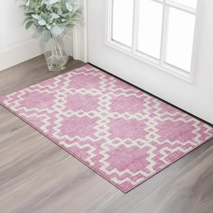 Blush And Ivory Abstract Geometric Washable Area Rug With UV Protection Photo 2