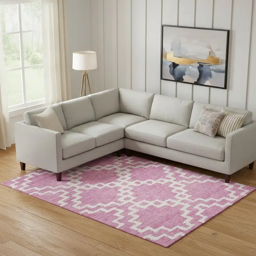 Blush And Ivory Abstract Geometric Washable Area Rug With UV Protection Photo 1