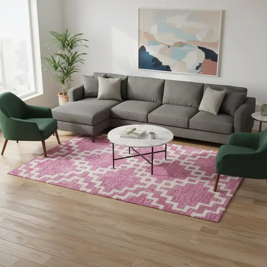 Blush And Ivory Abstract Geometric Washable Area Rug With UV Protection Photo 2