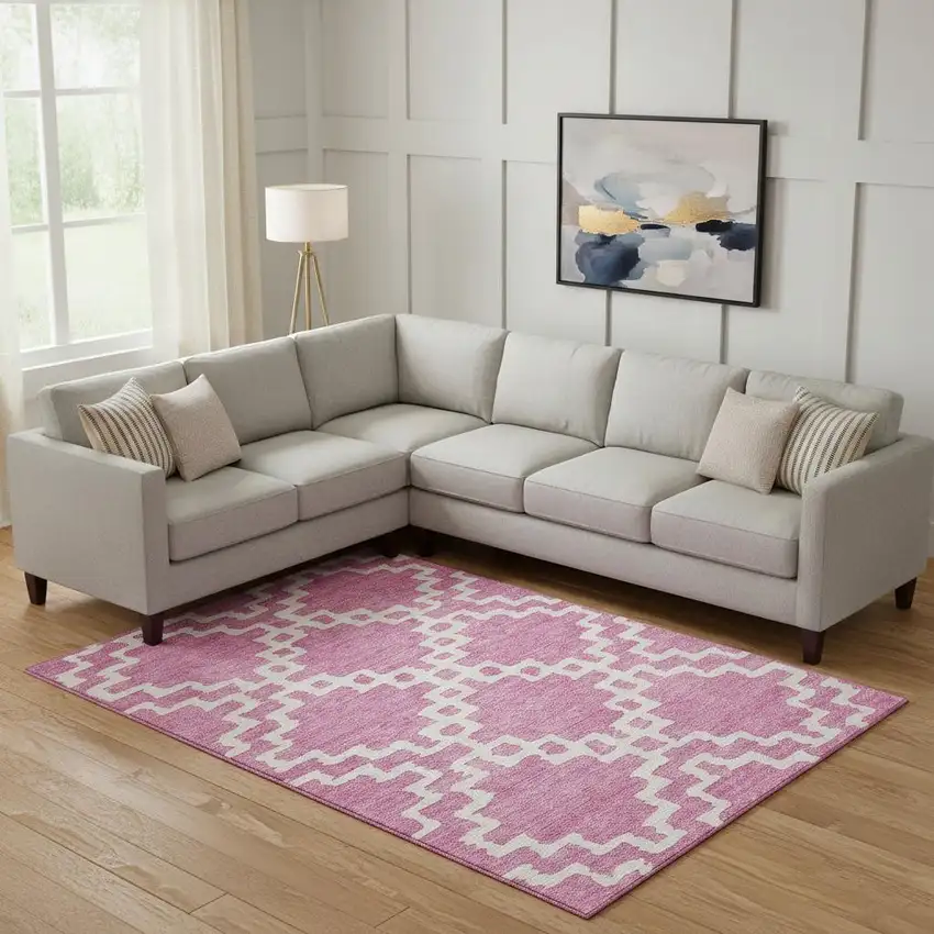 Blush And Ivory Abstract Geometric Washable Area Rug With UV Protection Photo 1