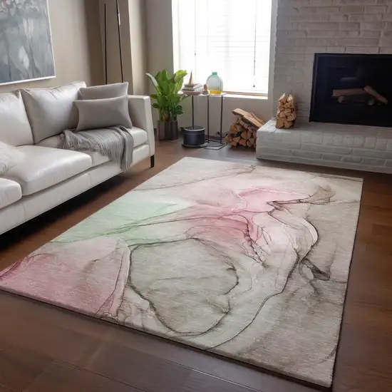 Blush And Ivory Abstract Washable Area Rug With UV Protection Photo 6