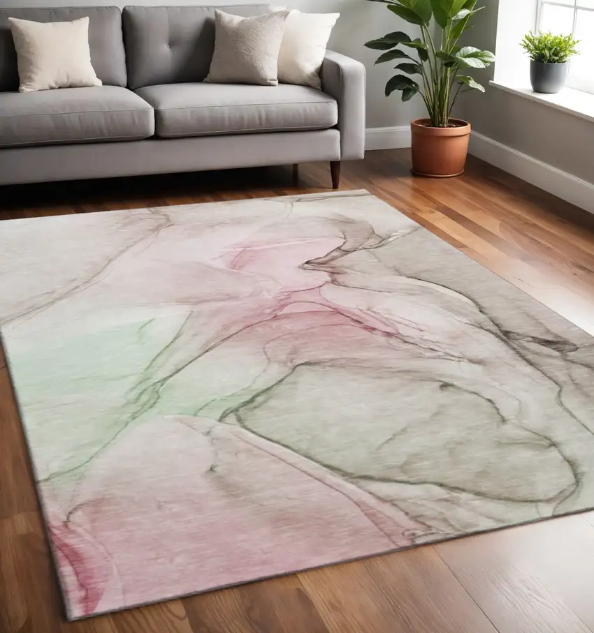 Blush And Ivory Abstract Washable Area Rug With UV Protection Photo 2