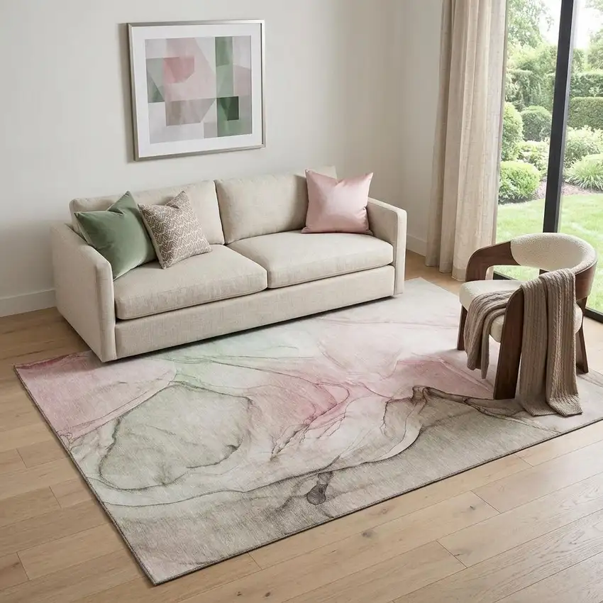 Blush And Ivory Abstract Washable Area Rug With UV Protection Photo 1