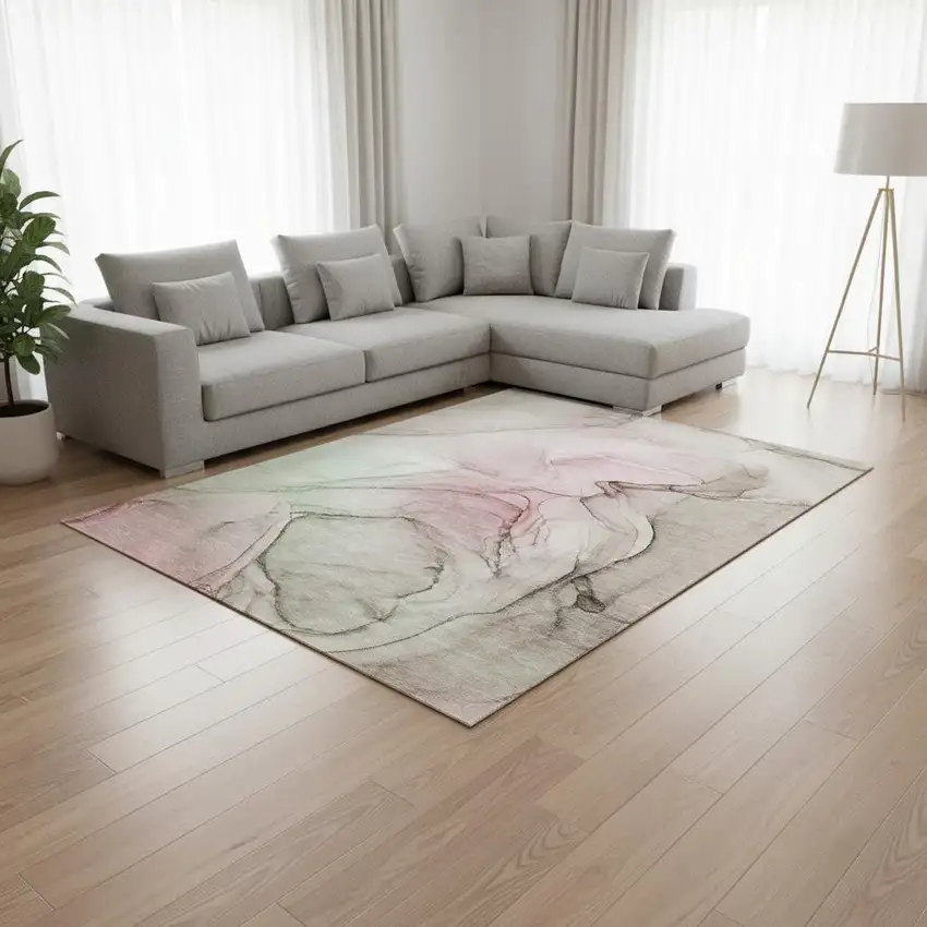 Blush And Ivory Abstract Washable Area Rug With UV Protection Photo 1