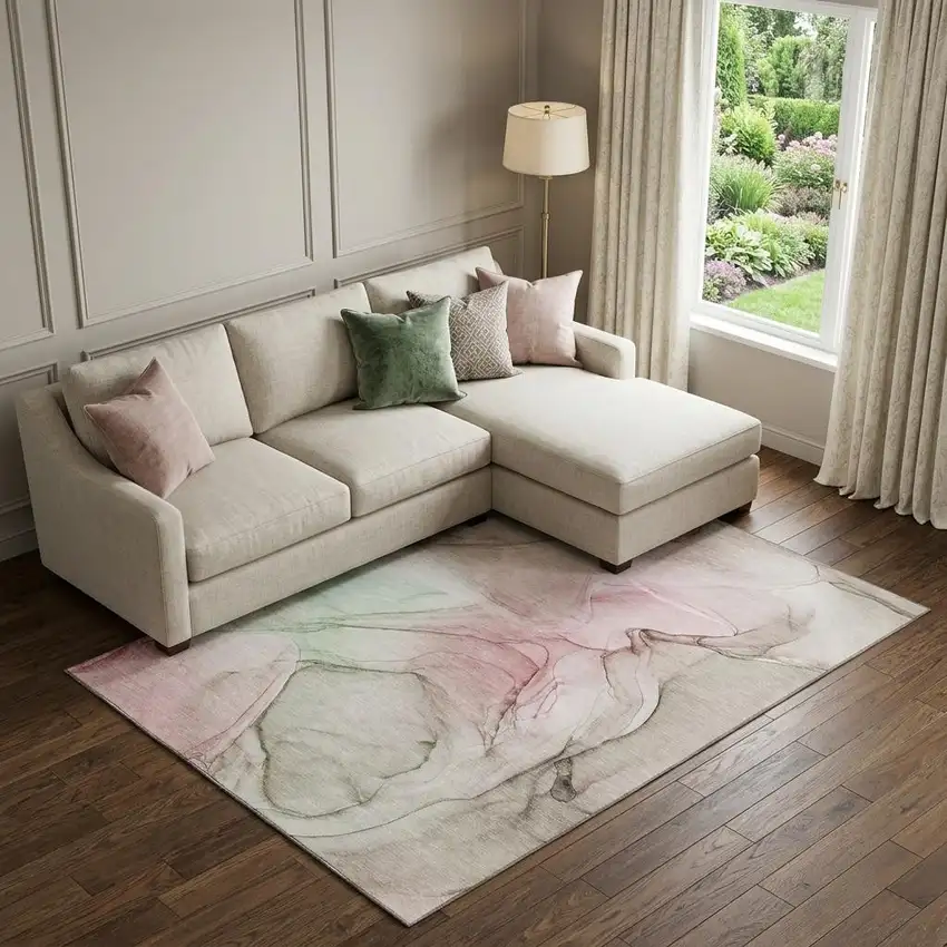 Blush And Ivory Abstract Washable Area Rug With UV Protection Photo 1