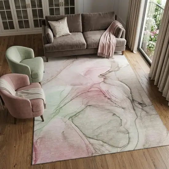 Blush And Ivory Abstract Washable Area Rug With UV Protection Photo 1