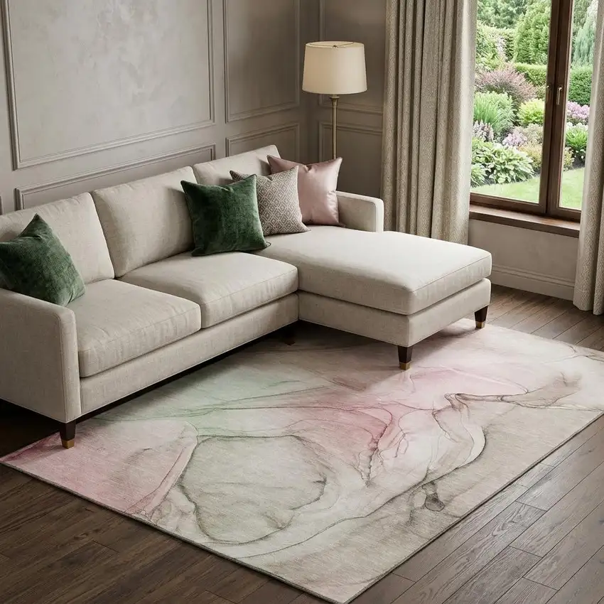 Blush And Ivory Abstract Washable Area Rug With UV Protection Photo 1