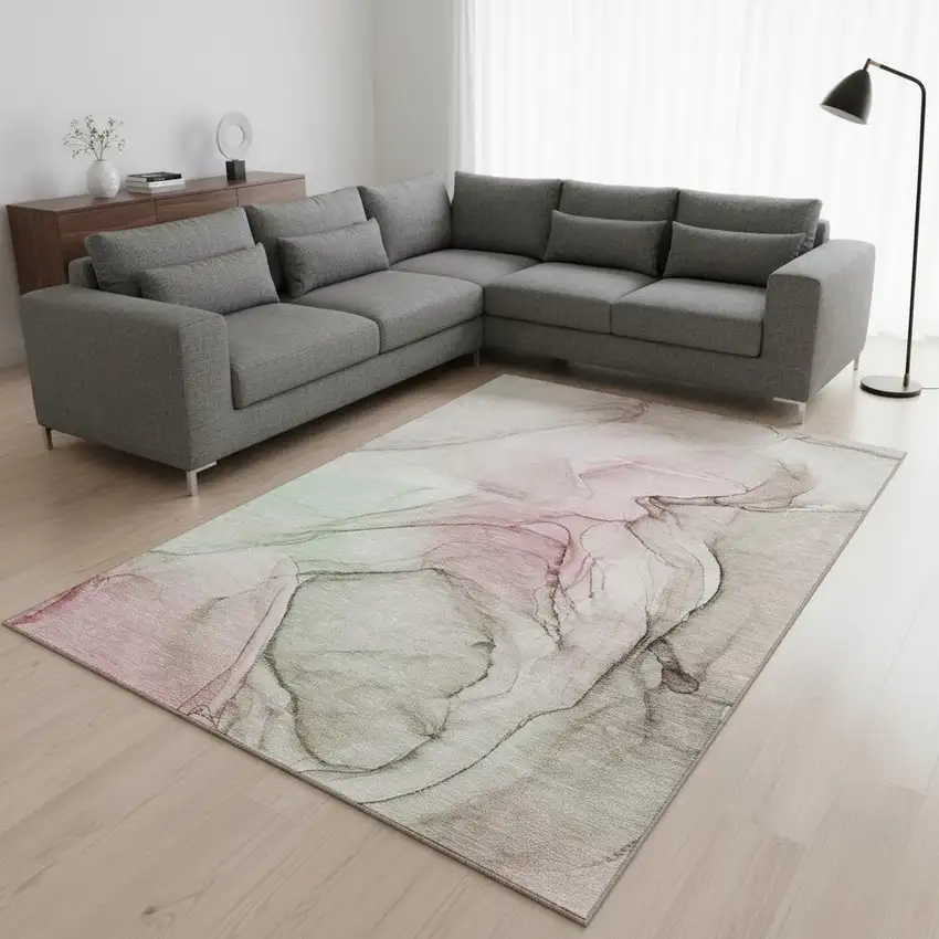 Blush And Ivory Abstract Washable Area Rug With UV Protection Photo 1