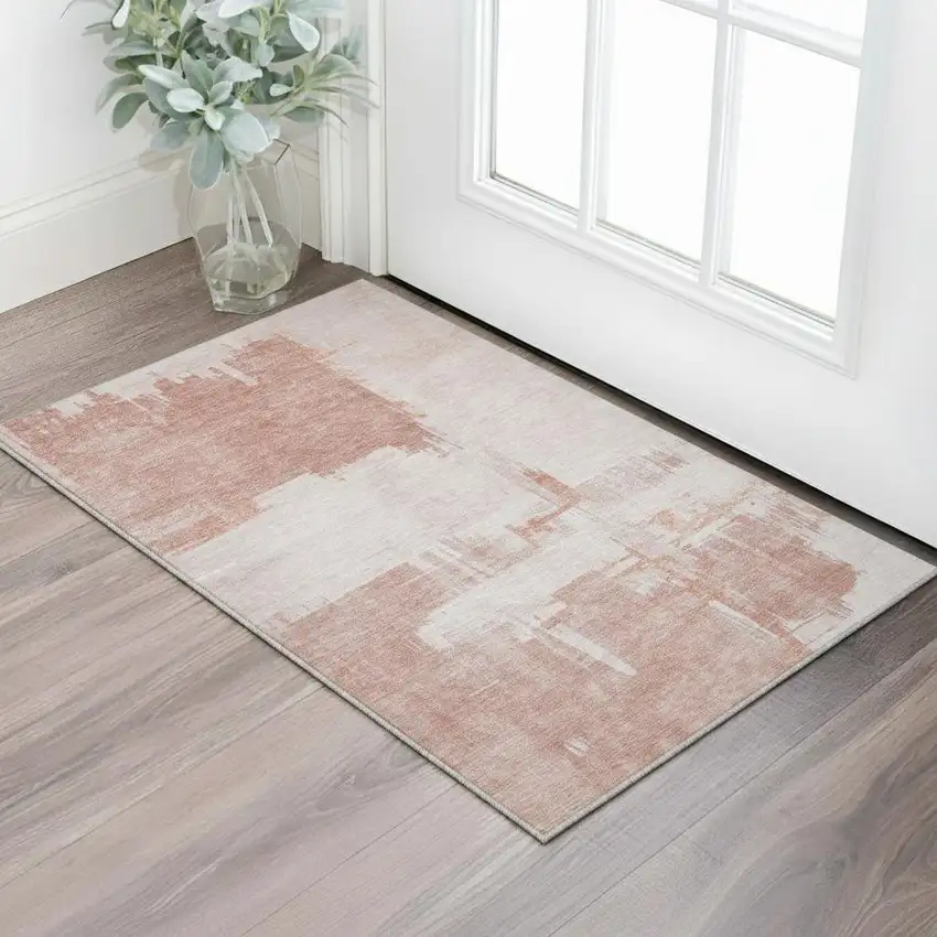 Blush And Ivory Abstract Washable Area Rug With UV Protection Photo 2