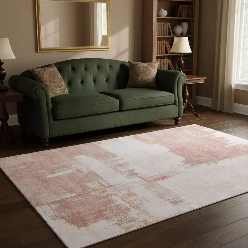 Blush And Ivory Abstract Washable Area Rug With UV Protection Photo 2