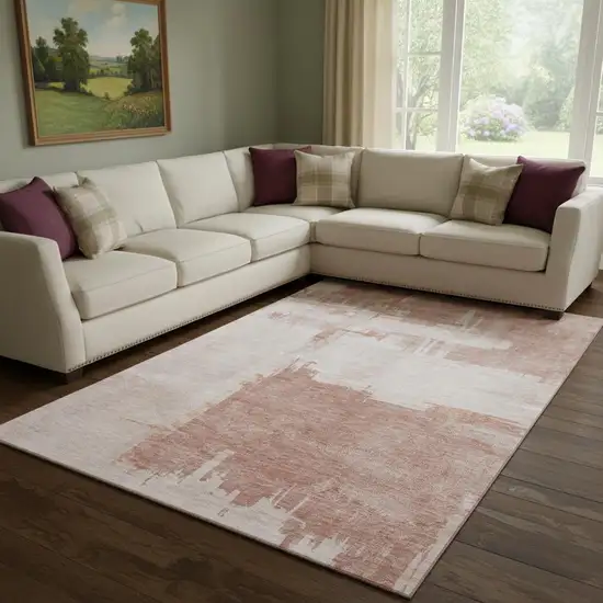 Blush And Ivory Abstract Washable Area Rug With UV Protection Photo 1