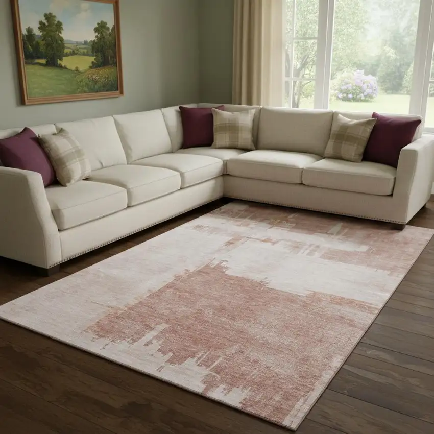 Blush And Ivory Abstract Washable Area Rug With UV Protection Photo 1