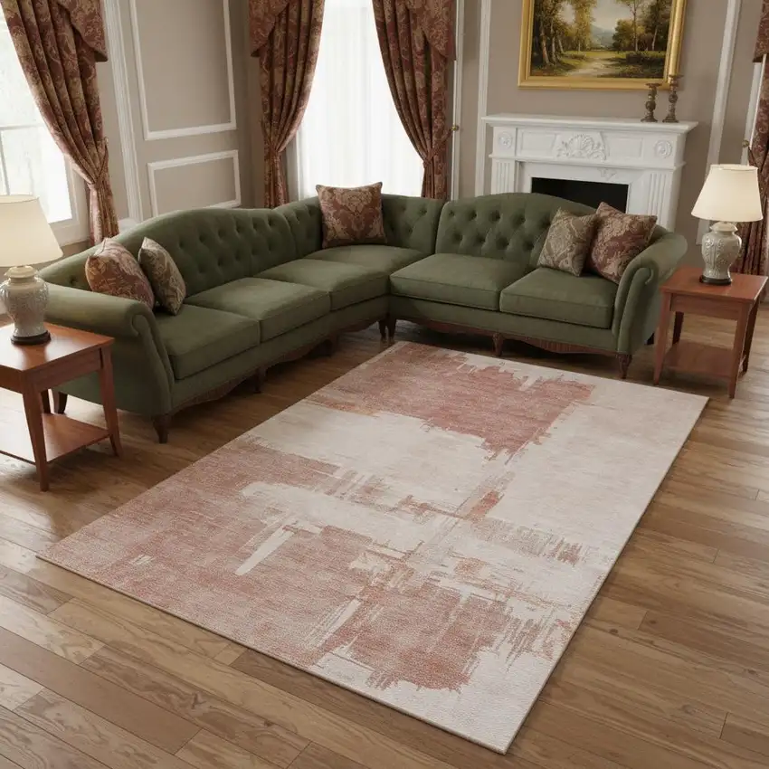 Blush And Ivory Abstract Washable Area Rug With UV Protection Photo 2