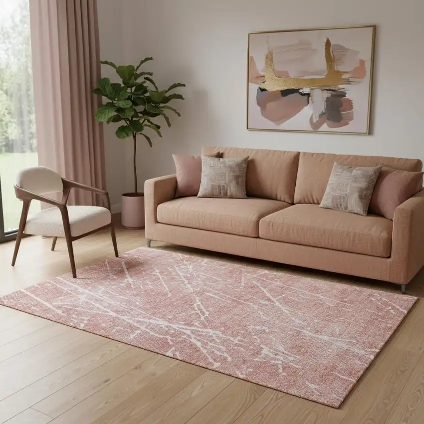 Blush And Ivory Abstract Washable Area Rug With UV Protection Photo 1