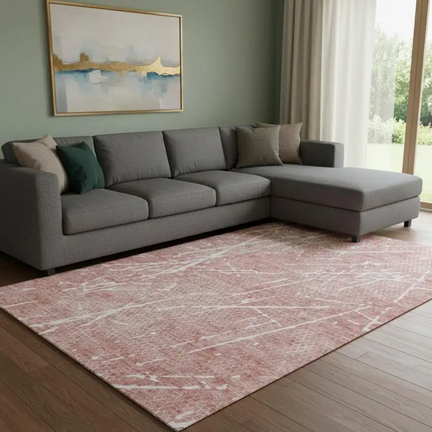 Blush And Ivory Abstract Washable Area Rug With UV Protection Photo 1