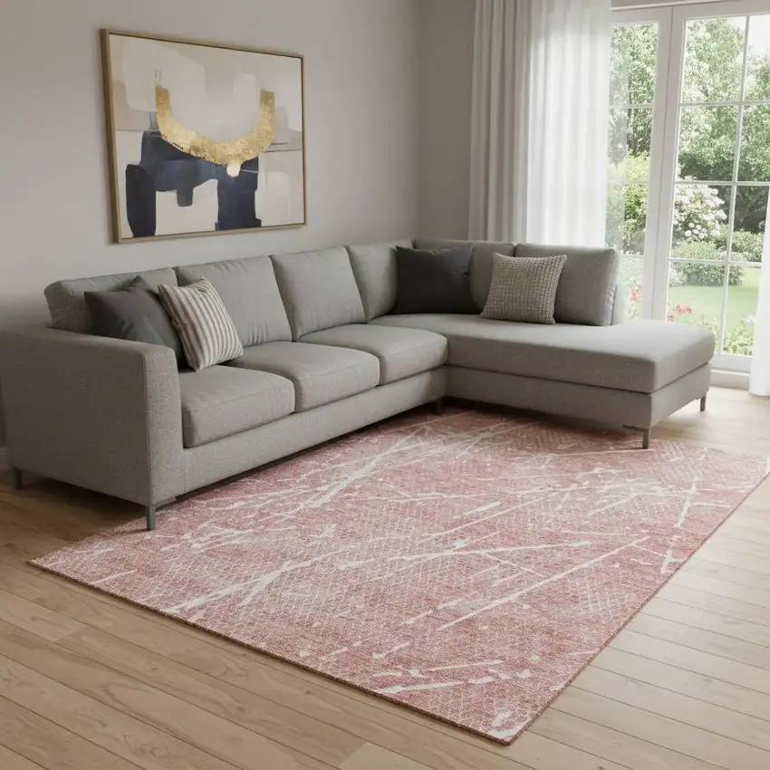 Blush And Ivory Abstract Washable Area Rug With UV Protection Photo 1