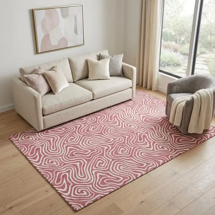 Blush And Ivory Abstract Washable Area Rug With UV Protection Photo 1