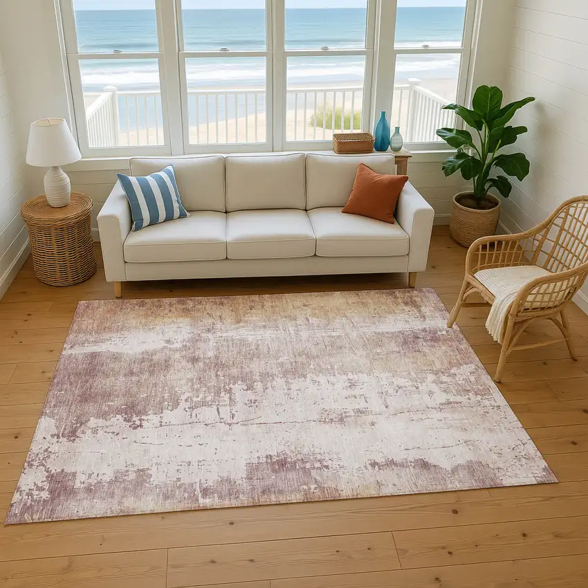Blush And Ivory Abstract Washable Area Rug With UV Protection Photo 1