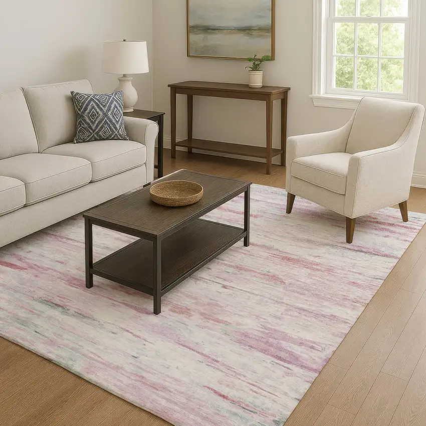 Blush And Ivory Abstract Washable Area Rug With UV Protection Photo 6