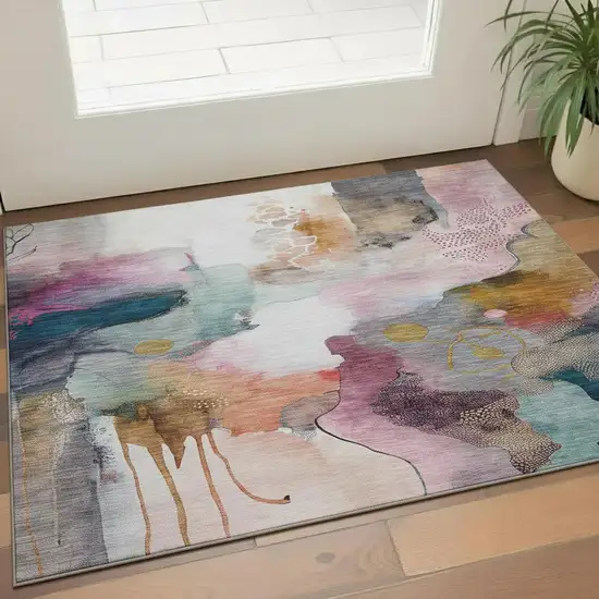 Blush And Ivory Abstract Washable Area Rug With UV Protection Photo 2