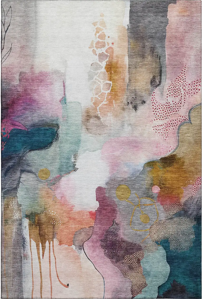 Blush And Ivory Abstract Washable Area Rug With UV Protection Photo 1