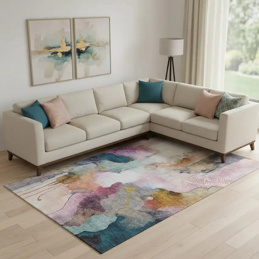 Blush And Ivory Abstract Washable Area Rug With UV Protection Photo 2