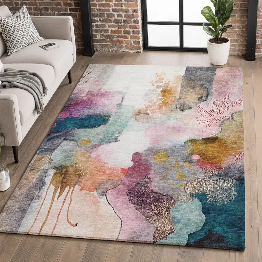 Blush And Ivory Abstract Washable Area Rug With UV Protection Photo 5