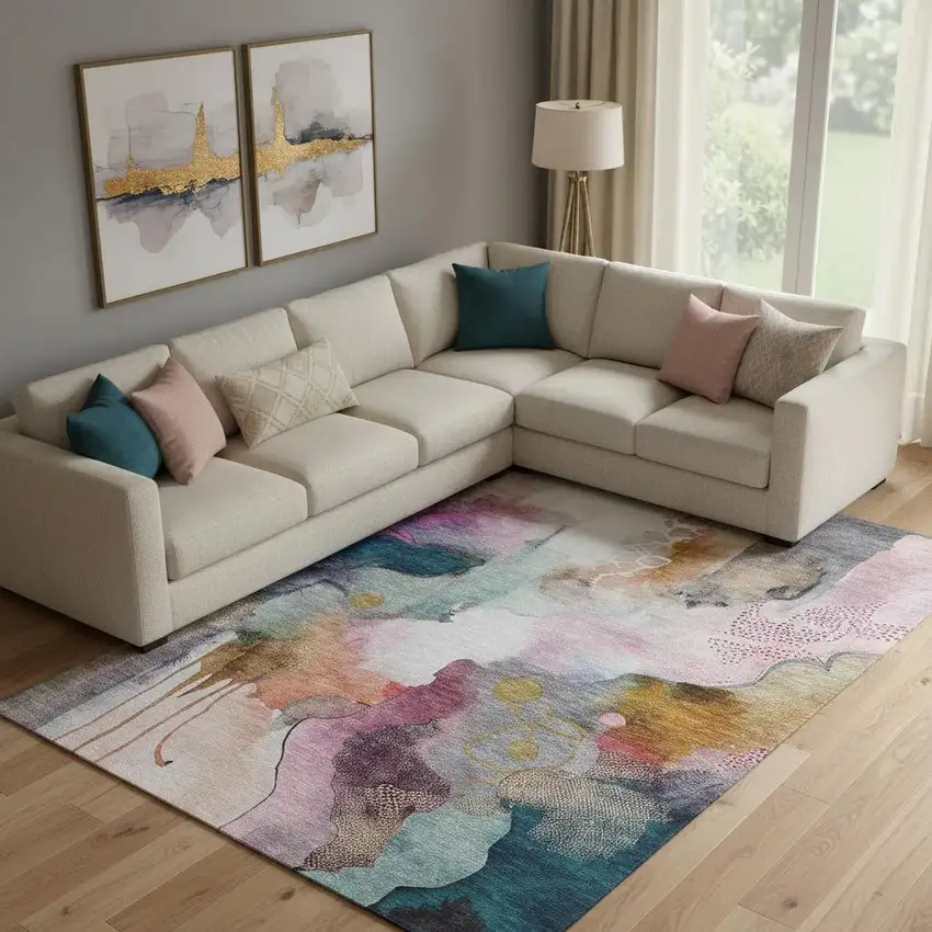 Blush And Ivory Abstract Washable Area Rug With UV Protection Photo 2