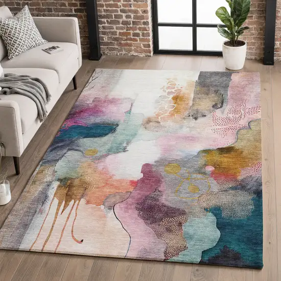 Blush And Ivory Abstract Washable Area Rug With UV Protection Photo 4