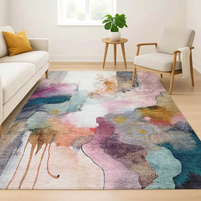 Blush And Ivory Abstract Washable Area Rug With UV Protection Photo 5
