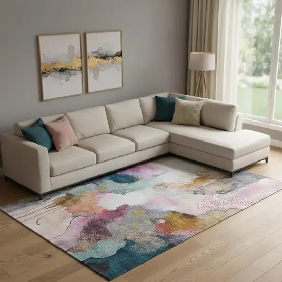 Blush And Ivory Abstract Washable Area Rug With UV Protection Photo 2