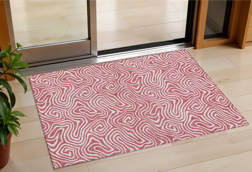 Blush And Ivory Abstract Washable Indoor Outdoor Area Rug Photo 1