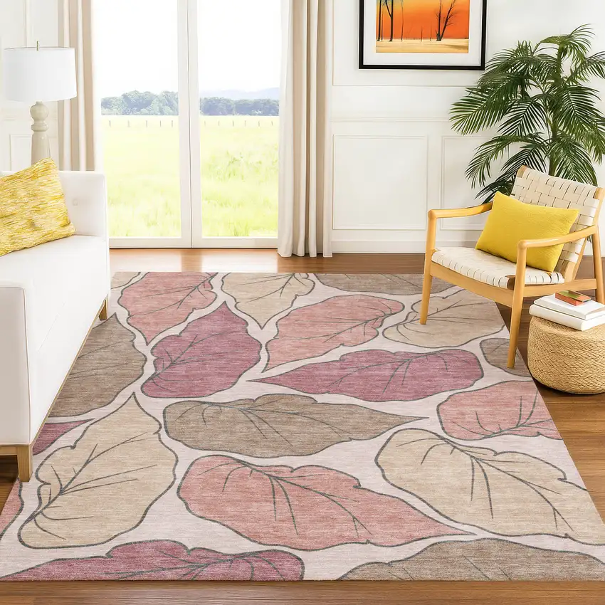 Blush And Ivory Botanical Leaves Washable Indoor Outdoor Area Rug Photo 9