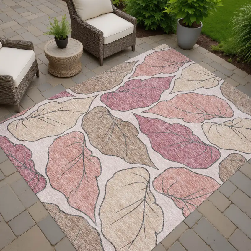 Blush And Ivory Botanical Leaves Washable Indoor Outdoor Area Rug Photo 6