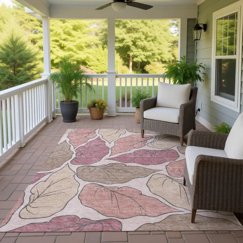 Blush And Ivory Botanical Leaves Washable Indoor Outdoor Area Rug Photo 9