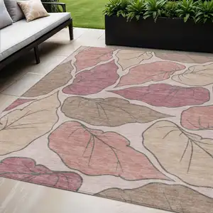 Photo of Blush And Ivory Botanical Leaves Washable Indoor Outdoor Area Rug
