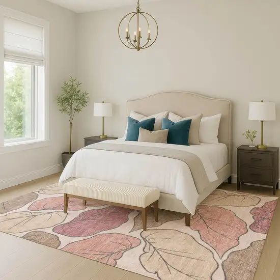 Blush And Ivory Botanical Leaves Washable Indoor Outdoor Area Rug Photo 9