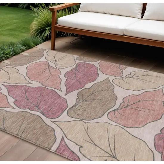 Blush And Ivory Botanical Leaves Washable Indoor Outdoor Area Rug Photo 1