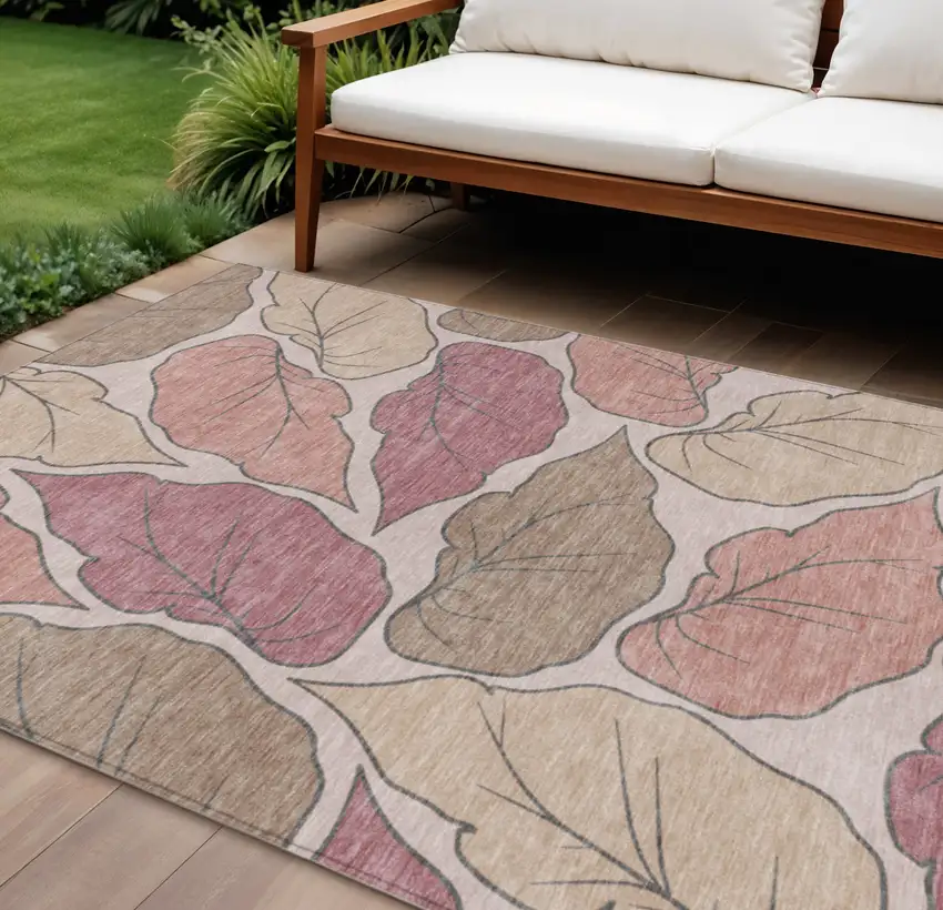 Blush And Ivory Botanical Leaves Washable Indoor Outdoor Area Rug Photo 1