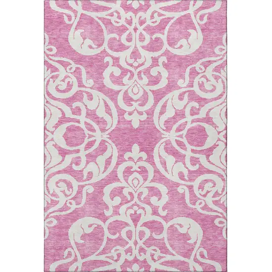 Blush And Ivory Damask Washable Area Rug With UV Protection Photo 3