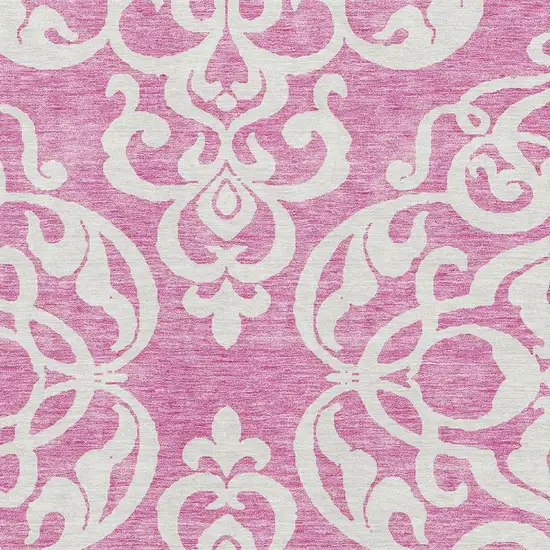 Blush And Ivory Damask Washable Area Rug With UV Protection Photo 2